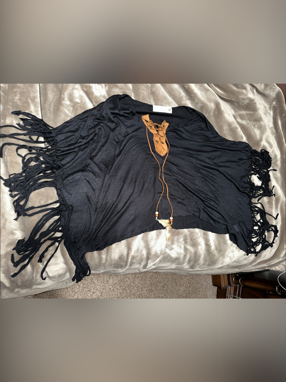 Vintage Havana Black Lace-Up Fringe Tunic with Tan Accents